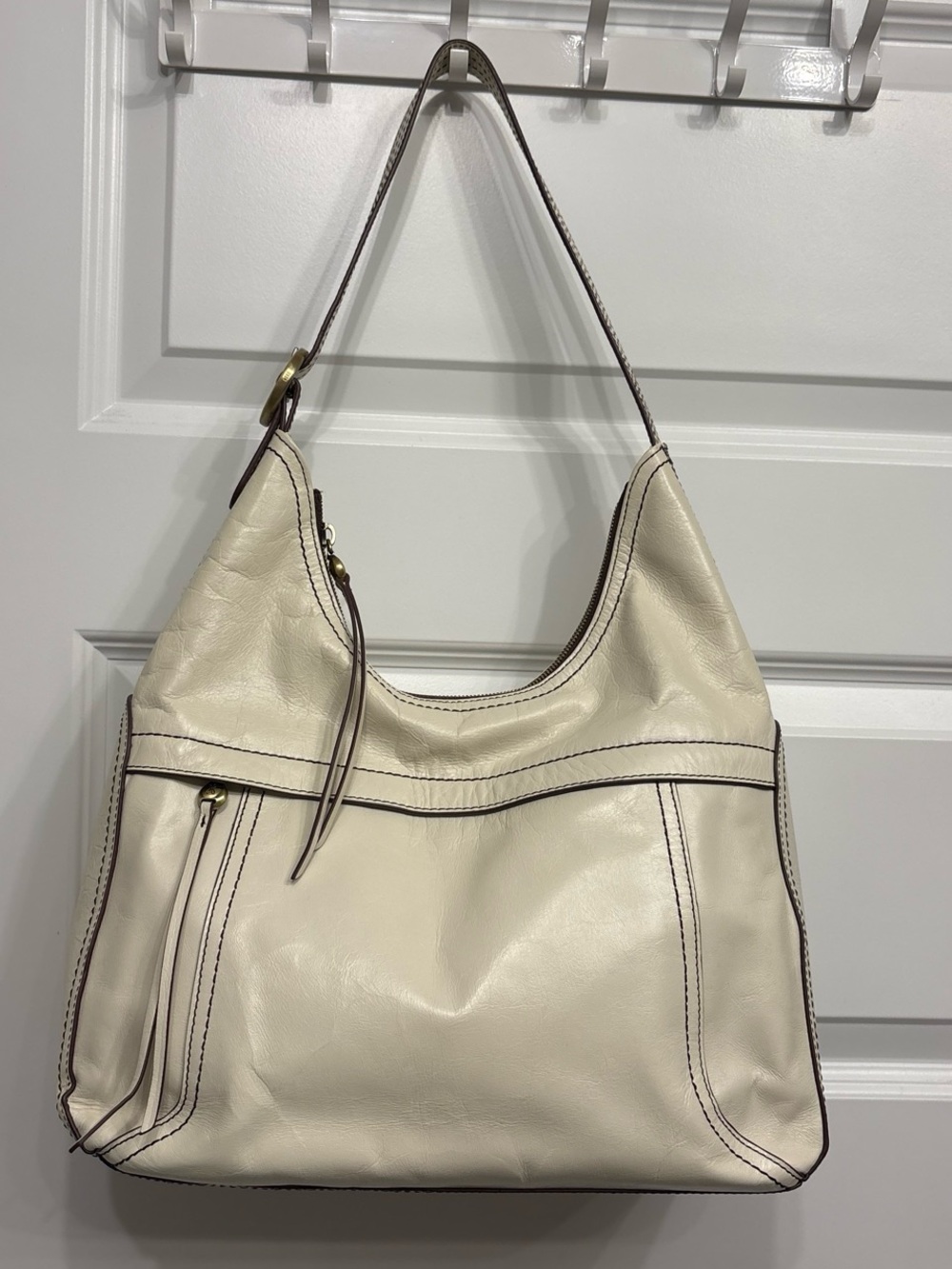 Cream Leather Hobo Shoulder Bag